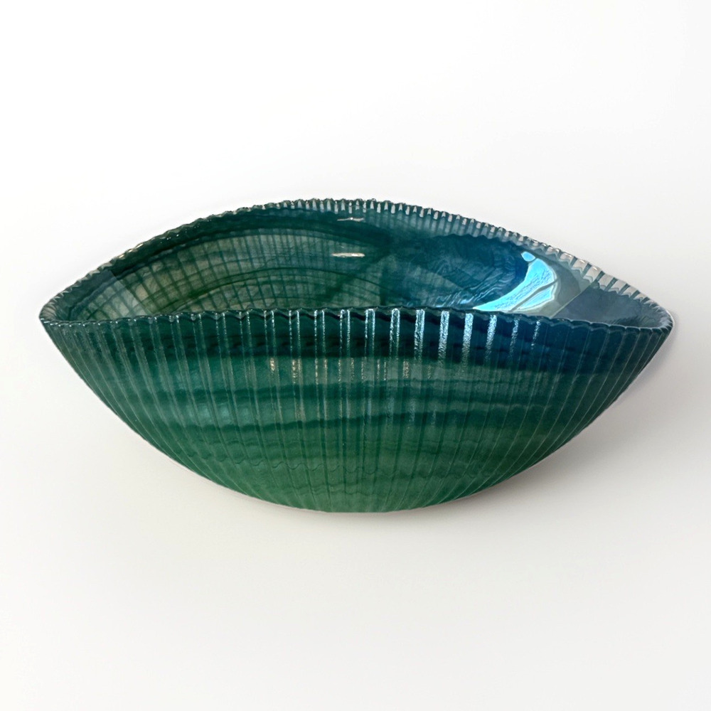 Vintage Ribbed Aqua Blue/Green Glass Centerpiece/Serving Bowl, Mid-Century Style